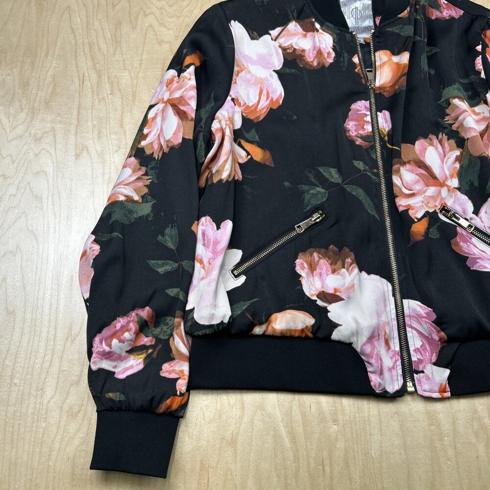 Jennifer Lopez Floral Bomber Jacket Black Pink Roses Zip Up Womens M Gold Zipper - Picture 4 of 12